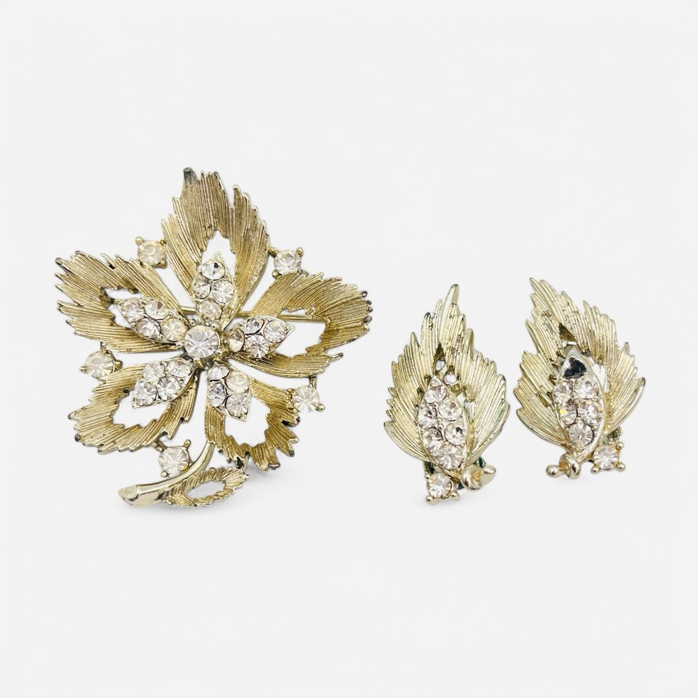 Vintage Lisner Maple Leaf Rhinestone Gold Tone Brooch Pin Earrings Set‎